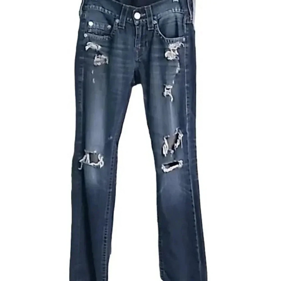True Religion Embroidered Distressed Straight Leg Jeans - Picture 3 of 5